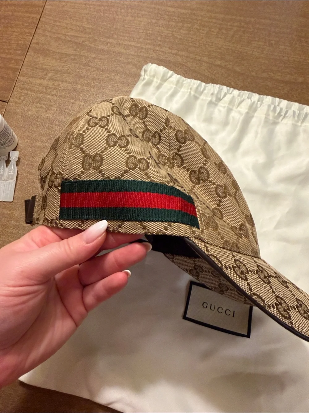Gucci Brown GG Supreme Canvas Cap with Green-Red Web
